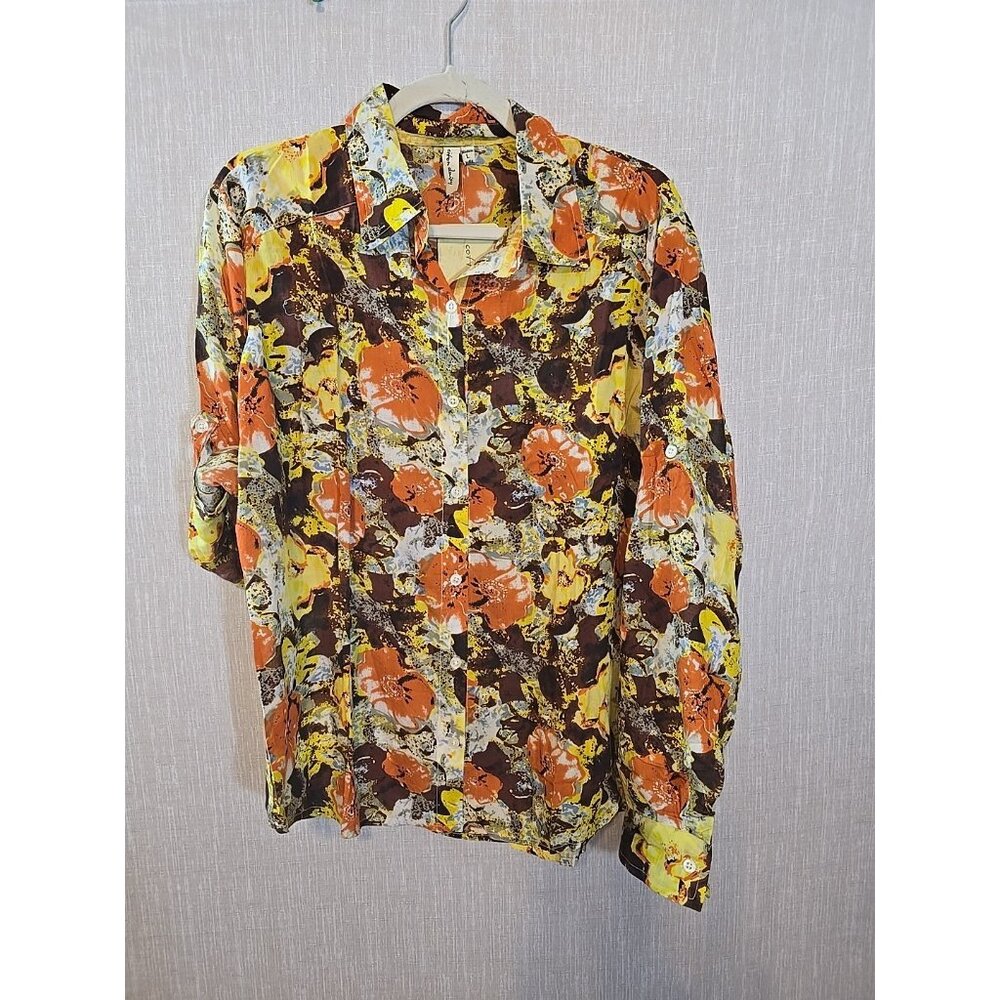 Cotton Daisy Button Down Shirt Lightweight roll‎ tab sleeves Hipster Size L New - Picture 3 of 16